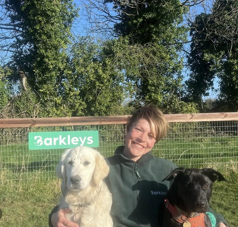 A Barkleys carer welcoming two happy dogs at the farm