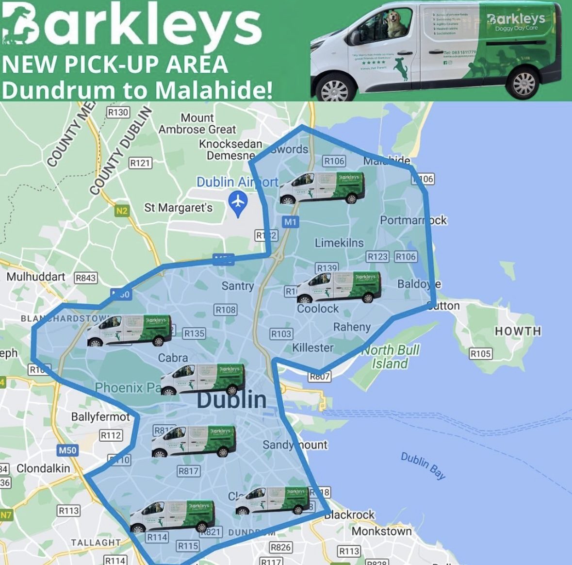 Map of the Barkleys pick-up area covering Dublin from Dundrum to Malahide